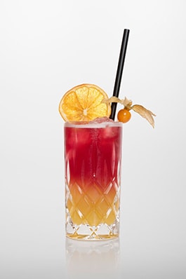 Sex on the beach: Vodka, Pfirsichlikör, Grenadine, Zitronensaft, Ananassaft, Cranberry Saft.